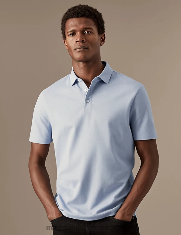 Men Pale Blue Clothing Marks & Spencer Pure Cotton Polo Shirt 20VTD6333 - Marks and Spencer outlet