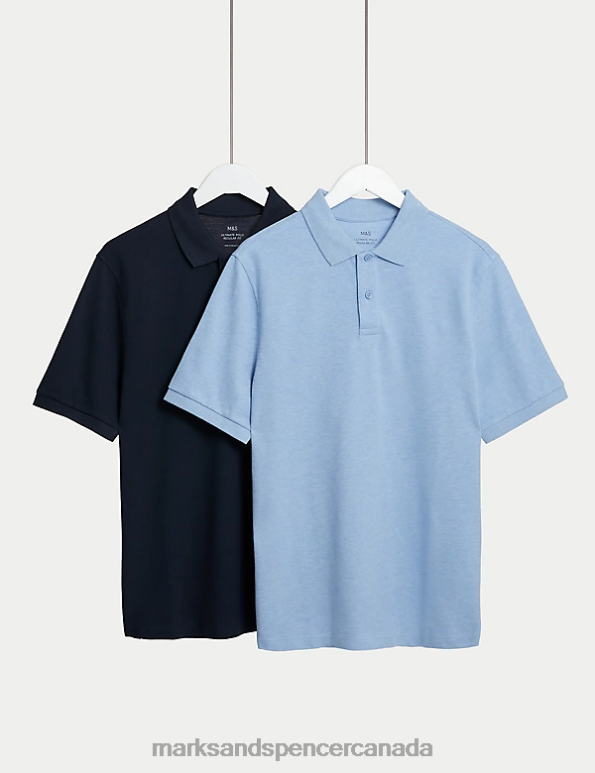 Men Pale Blue Mix Clothing Marks & Spencer 2 Pack Pure Cotton Polo Shirts 20VTD6073 - Marks and Spencer outlet