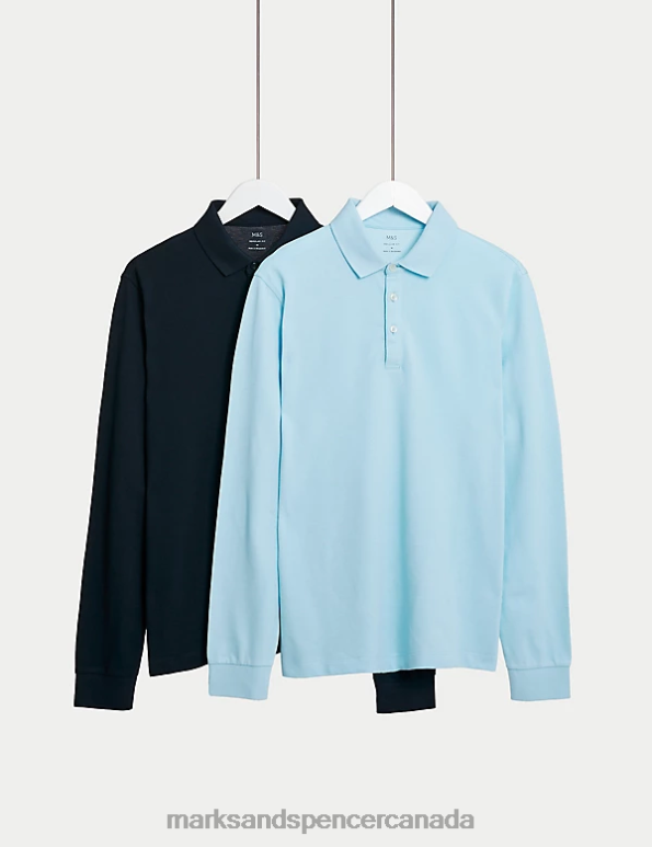 Marks and Spencer near me - Men Pale Blue Mix Clothing Marks & Spencer 2pk Pure Cotton Long Sleeve Polo Shirts 20VTD5082