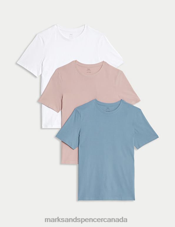 Men Pale Blue Mix Clothing Marks & Spencer 3pk Pure Cotton Crew Neck T-Shirts 20VTD5097 - Marks and Spencer outlet