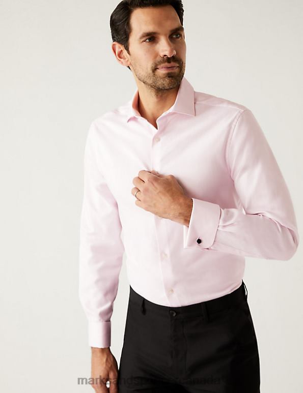 Men Pale Pink Clothing Marks & Spencer Slim Fit Easy Iron Herringbone Shirt 20VTD6708 - Marks and Spencer online