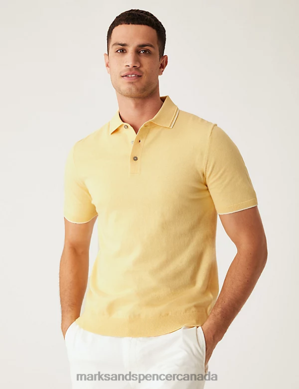 Marks and Spencer Canada - Men Pale Yellow Clothing Marks & Spencer Cotton Rich Short Sleeve Knitted Polo Shirt 20VTD6685