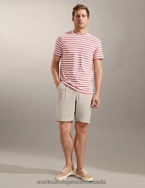 Marks and Spencer sale - Men Pink Clothing Marks & Spencer Pure Cotton Striped Crew Neck T-Shirt 20VTD7030