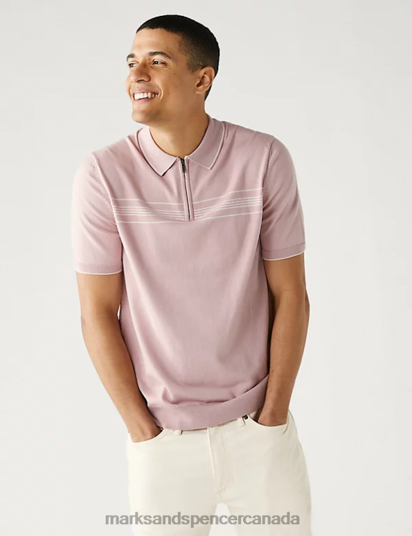 Men Pink Mix Clothing Marks & Spencer Cotton Modal Chest Stripe Knitted Polo Shirt 20VTD6666 - Marks and Spencer Canada locations