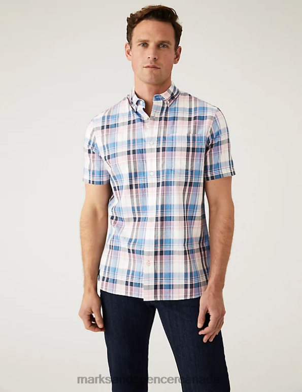 Men Pink Mix Clothing Marks & Spencer Pure Cotton Check Shirt 20VTD6872 - Marks and Spencer online