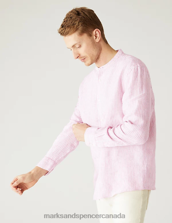 Men Pink Mix Clothing Marks & Spencer Pure Linen Striped Grandad Collar Shirt 20VTD5834 - Marks and Spencer outlet