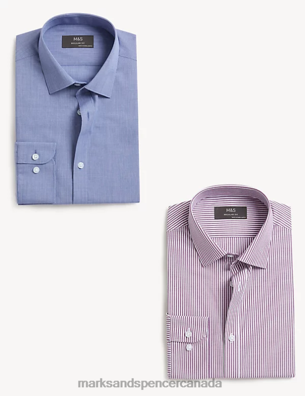 Men Purple Mix Clothing Marks & Spencer 2pk Regular Fit Printed Long Sleeve Shirts 20VTD4785 - Marks and Spencer Canada locations