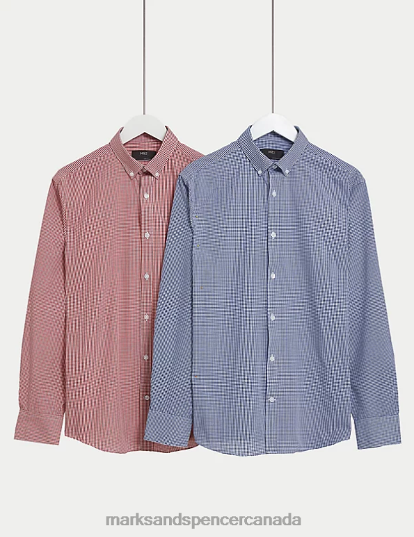 Men Red Mix Clothing Marks & Spencer 2pk Regular Fit Check Long Sleeve Shirts 20VTD4781 - Marks and Spencer online