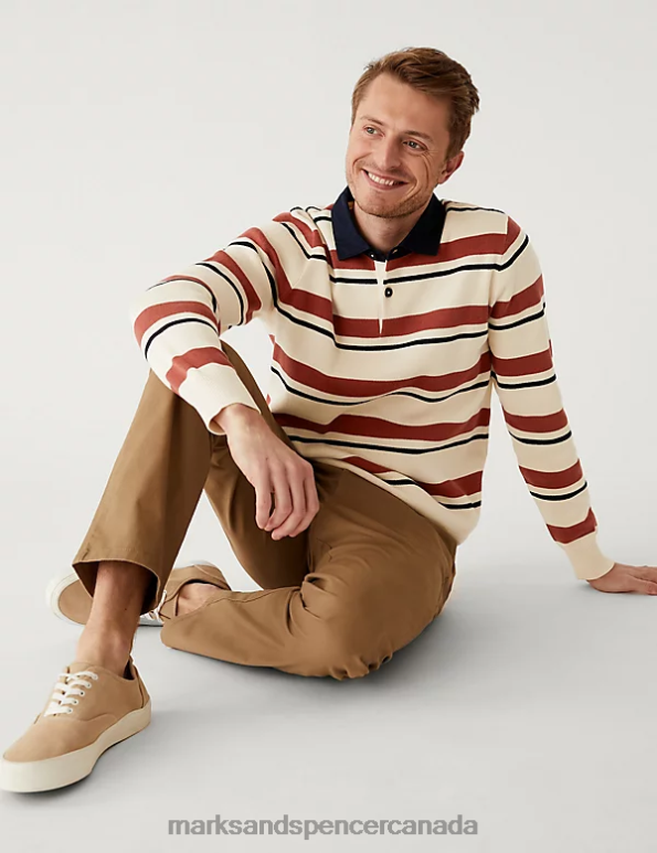 Marks and Spencer near me - Men Red Mix Clothing Marks & Spencer Pure Cotton Striped Knitted Rugby Shirt 20VTD5688