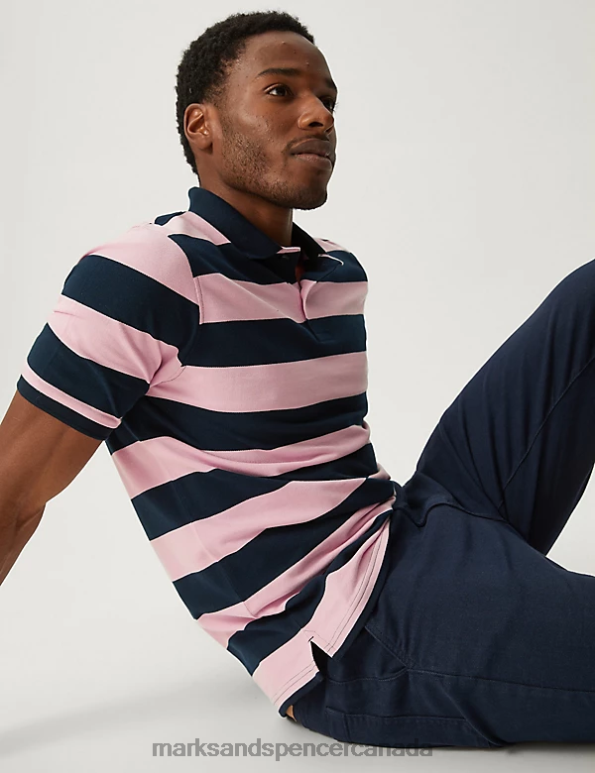 Marks and Spencer Canada - Men Rose Pink Clothing Marks & Spencer Pure Cotton Striped Polo Shirt 20VTD5613