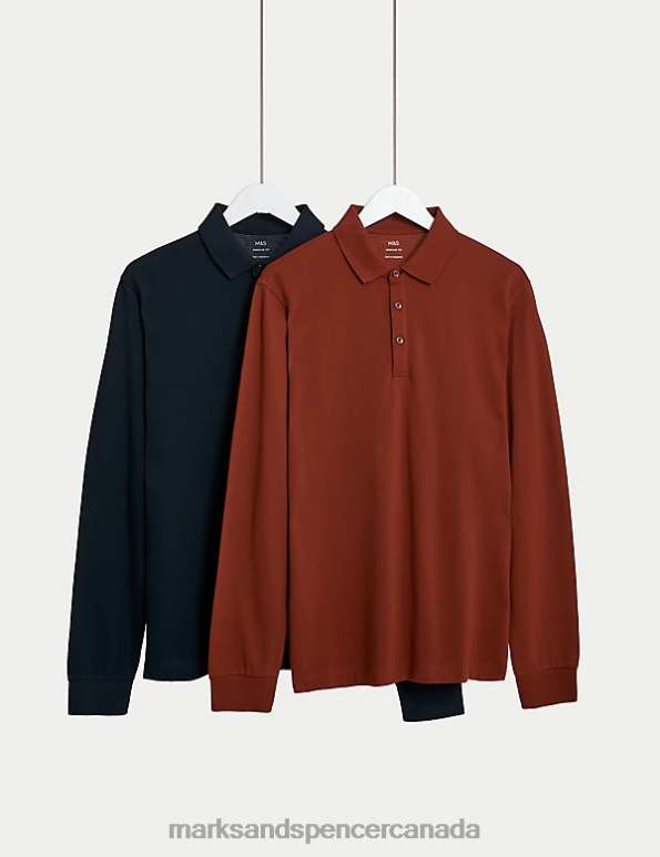 Marks and Spencer sale - Men Rust Mix Clothing Marks & Spencer 2pk Pure Cotton Long Sleeve Polo Shirts 20VTD5083