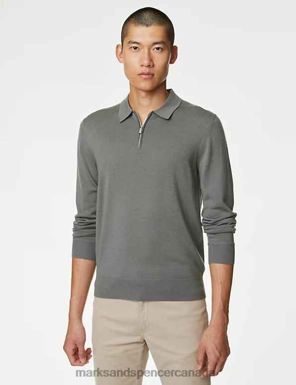 Men Sage Green Clothing Marks & Spencer Pure Extra Fine Merino Wool Knitted Polo 20VTD7067 - Marks and Spencer Canada locations