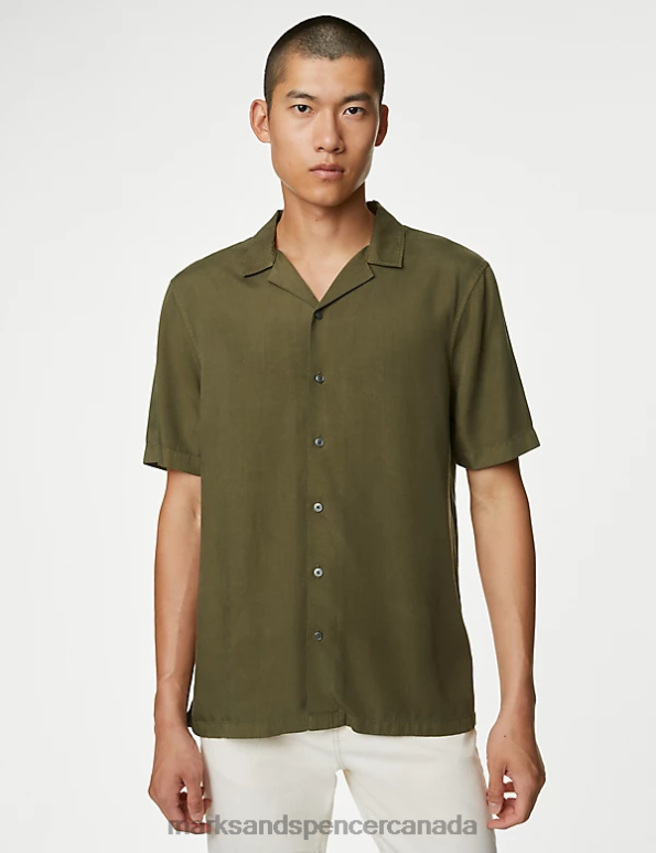 Men Sage Green Clothing Marks & Spencer Pure Tencel Cuban Collar Shirt 20VTD6151 - Marks and Spencer online