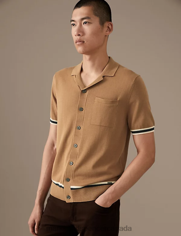 Men Soft Bronze Clothing Marks & Spencer Cotton Rich Tipped Knitted Polo Shirt 20VTD4918 - Marks and Spencer online