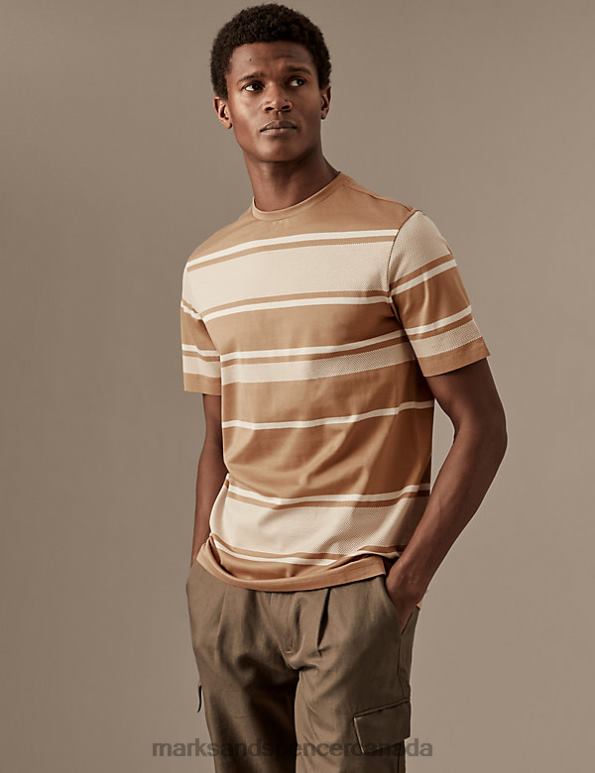 Men Soft Bronze Clothing Marks & Spencer Pure Cotton Striped Textured T-Shirt 20VTD6619 - Marks and Spencer outlet