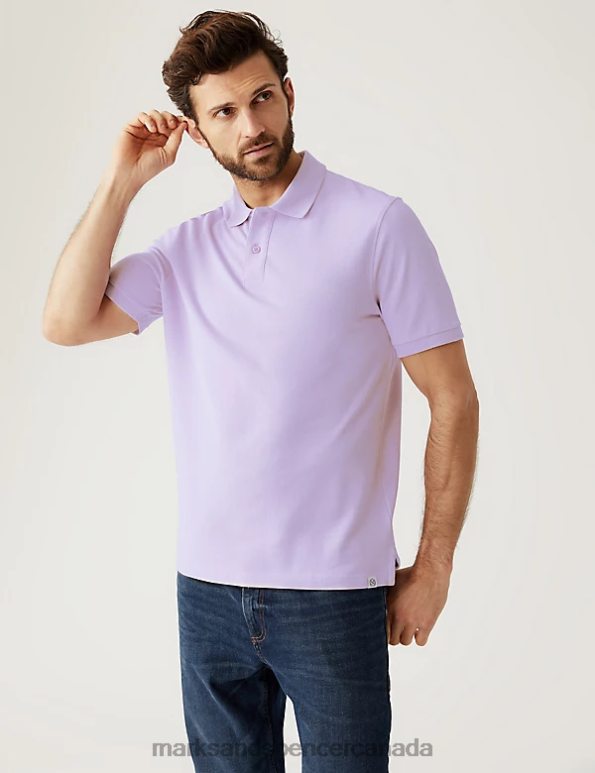 Men Soft Lilac Clothing Marks & Spencer Pure Cotton Pique Polo Shirt 20VTD196 - Marks and Spencer outlet