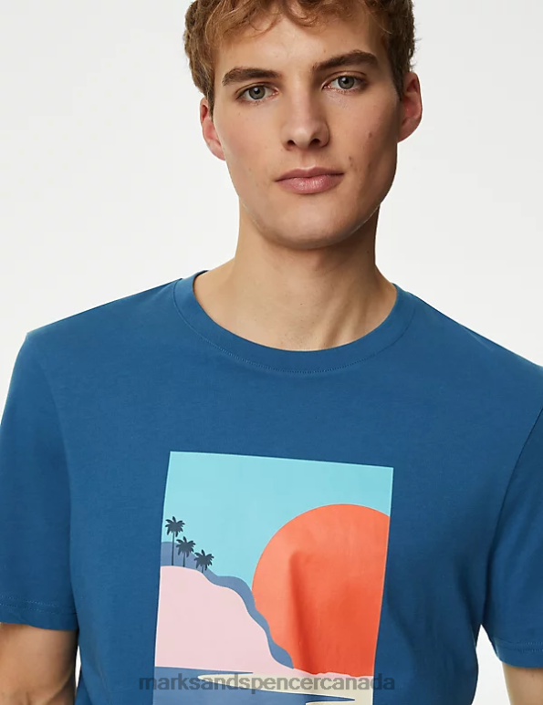 Men Steel Blue Clothing Marks & Spencer Pure Cotton Sunset Graphic T-Shirt 20VTD4997 - Marks and Spencer outlet