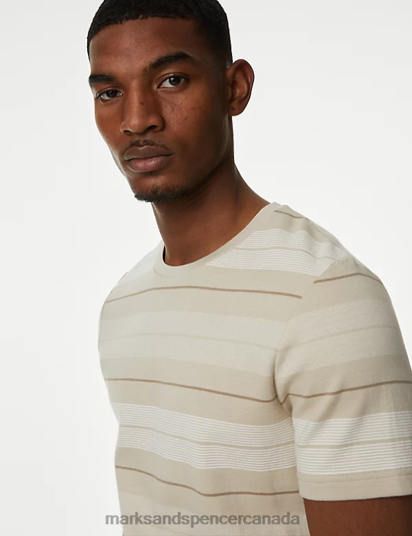 Marks and Spencer Canada - Men Stone Clothing Marks & Spencer Pure Cotton Double Knit Striped T-Shirt 20VTD5989