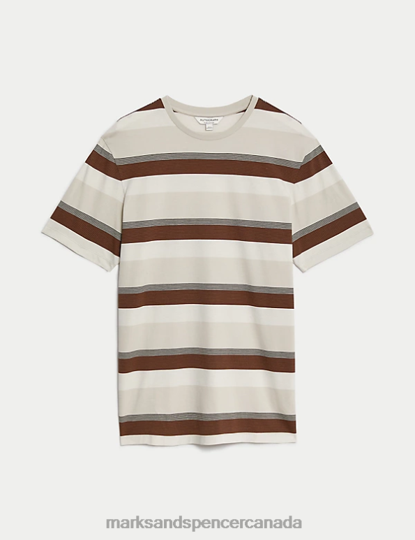 Men Stone Mix Clothing Marks & Spencer Pure Cotton Striped T-Shirt 20VTD6493 - Marks and Spencer outlet