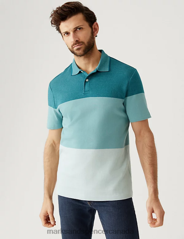 Men Teal Clothing Marks & Spencer Pure Cotton Double Knit Polo Shirt 20VTD5783 - Marks and Spencer Canada locations