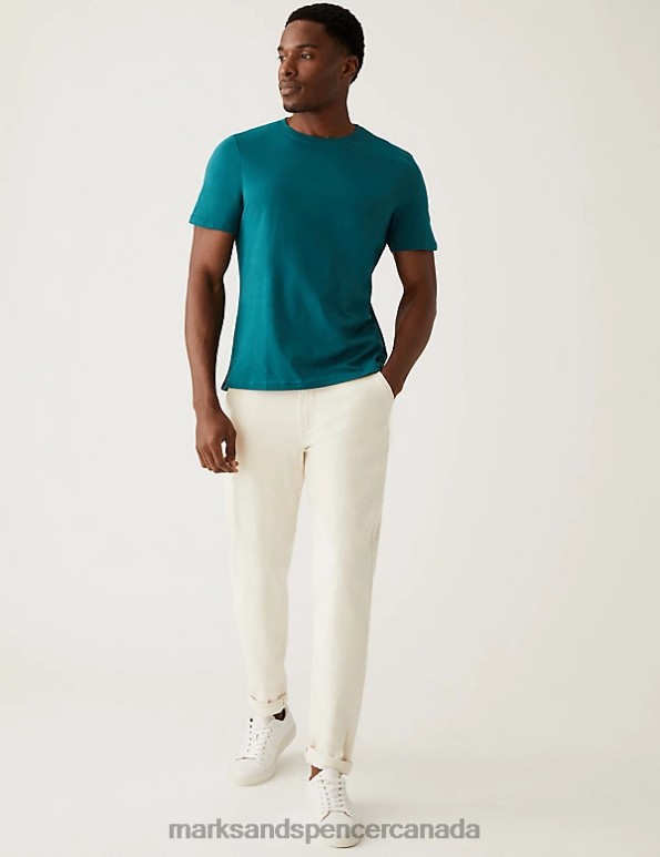 Men Teal Green Clothing Marks & Spencer Pure Cotton Crew Neck T-Shirt 20VTD136 - Marks and Spencer Canada locations