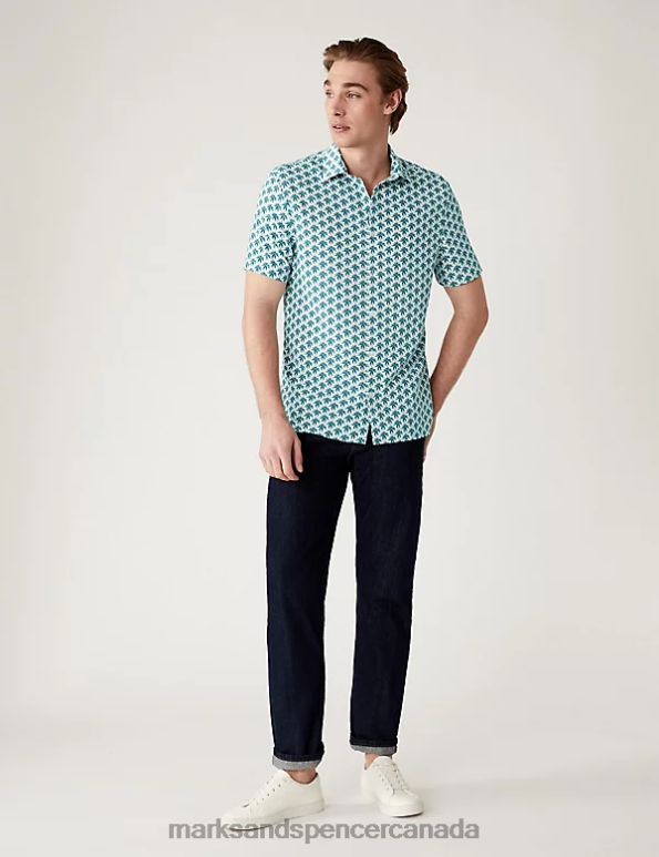 Men Teal Mix Clothing Marks & Spencer Palm Print Shirt 20VTD6701 - Marks and Spencer online