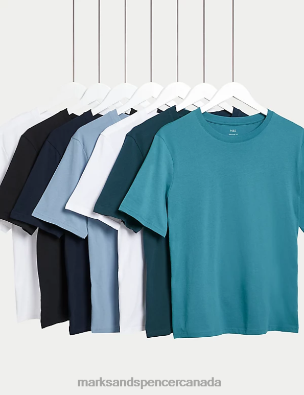 Men Turquoise Mix Clothing Marks & Spencer 7pk Pure Cotton Crew Neck T-Shirts 20VTD6090 - Marks and Spencer online