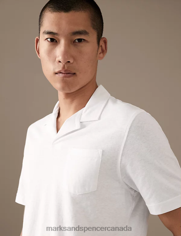 Marks and Spencer near me - Men White Clothing Marks & Spencer Linen Blend Revere Polo Shirt 20VTD6226