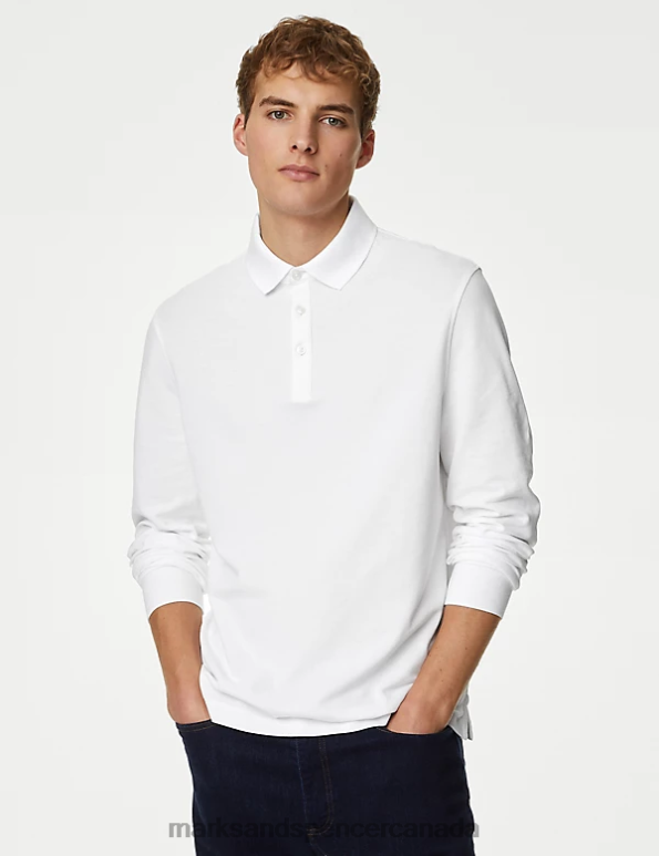 Marks and Spencer sale - Men White Clothing Marks & Spencer Pure Cotton Long Sleeve Polo Shirt 20VTD7377