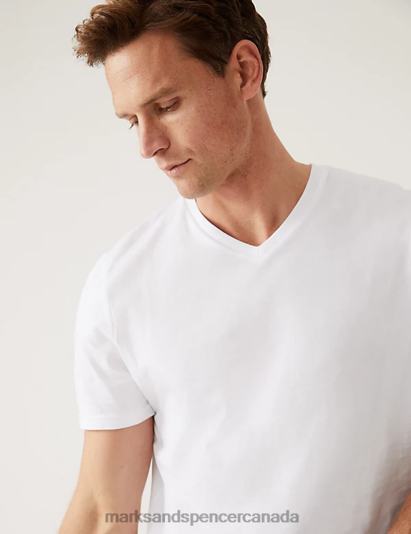 Marks and Spencer Canada - Men White Clothing Marks & Spencer Pure Cotton V-Neck T-Shirt 20VTD5204