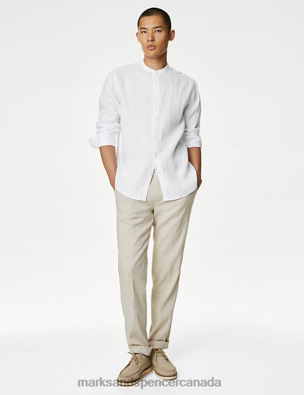 Marks and Spencer near me - Men White Clothing Marks & Spencer Pure Linen Grandad Collar Shirt 20VTD7246