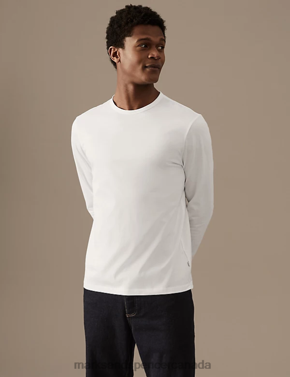 Men White Clothing Marks & Spencer Pure Supima Cotton Long Sleeve T-Shirt 20VTD6702 - Marks and Spencer Canada locations