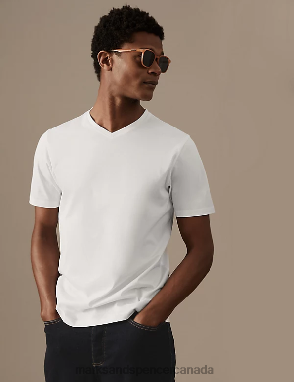 Marks and Spencer Canada - Men White Clothing Marks & Spencer Pure Supima Cotton V-Neck T-Shirt 20VTD5300