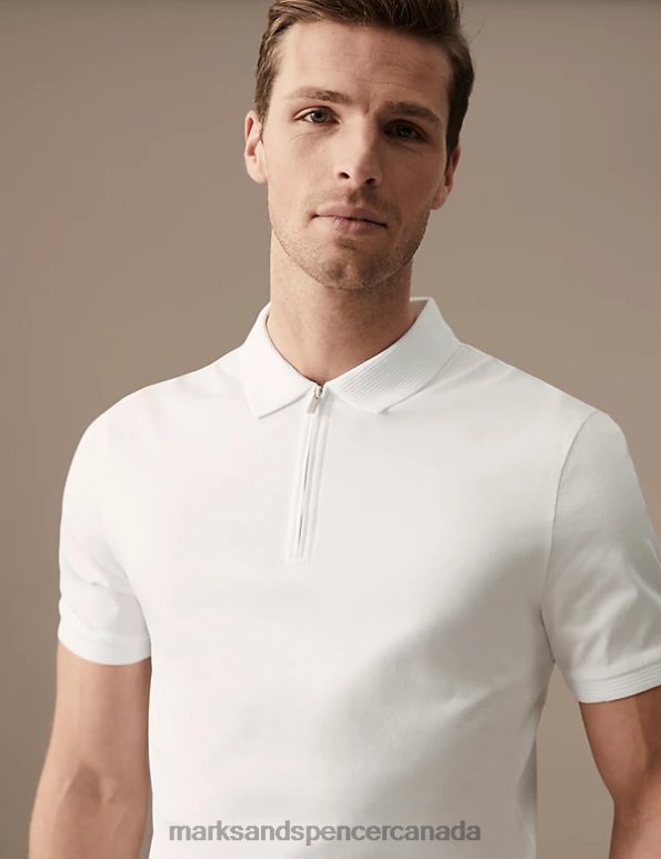 Men White Clothing Marks & Spencer Pure Supima Cotton Zip Up Polo Shirt 20VTD6390 - Marks and Spencer outlet