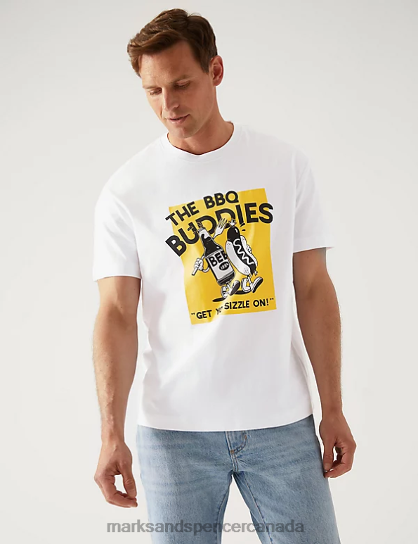 Men White Clothing Marks & Spencer Relaxed Fit Pure Cotton BBQ Graphic T-Shirt 20VTD5201 - Marks and Spencer online