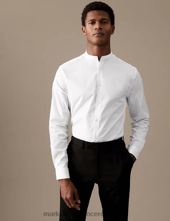 Men White Clothing Marks & Spencer Slim Fit Cotton Stretch Grandad Collar Shirt 20VTD6980 - Marks and Spencer outlet