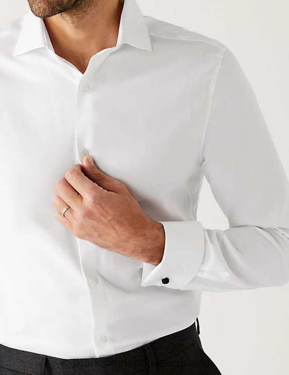 Men White Clothing Marks & Spencer Slim Fit Easy Iron Herringbone Shirt 20VTD6709 - Marks and Spencer Canada locations