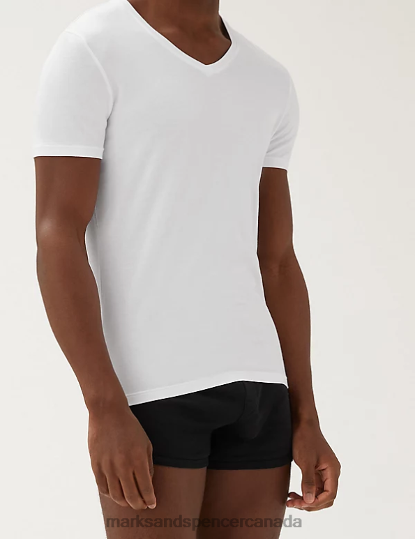 Marks and Spencer near me - Men White Clothing Marks & Spencer Supima Cotton Blend V-Neck T-Shirt Vest 20VTD6776