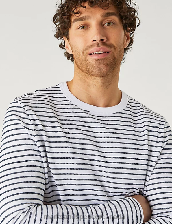 Men White Mix Clothing Marks & Spencer Pure Cotton Striped Long Sleeve T-Shirt 20VTD5123 - Marks and Spencer outlet