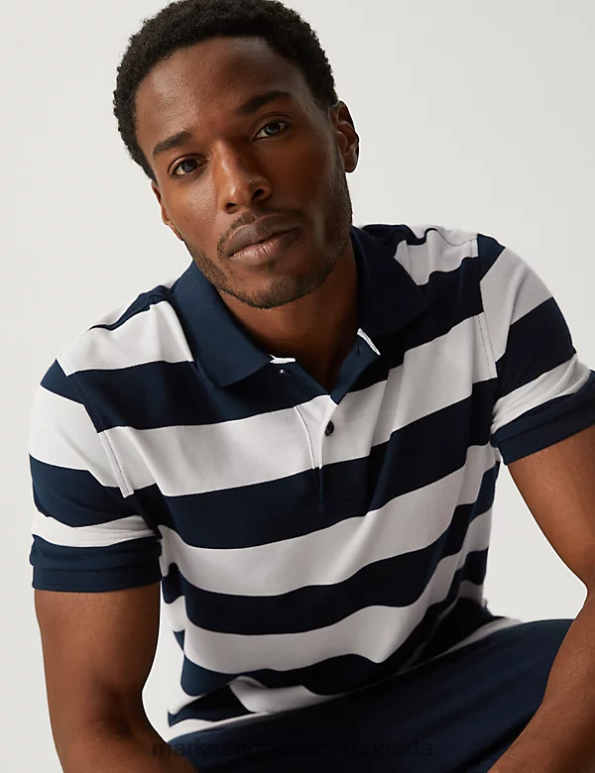 Men White Mix Clothing Marks & Spencer Pure Cotton Striped Polo Shirt 20VTD5611 - Marks and Spencer Canada locations