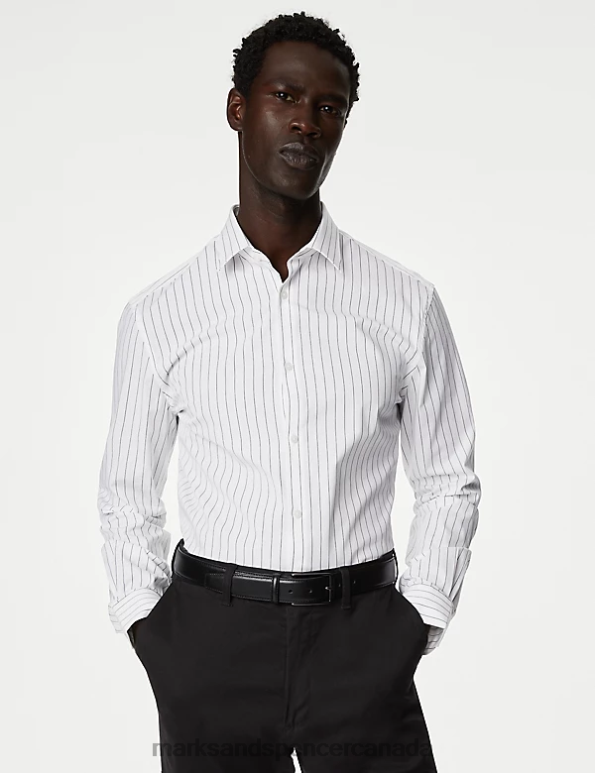 Marks and Spencer sale - Men White Mix Clothing Marks & Spencer Slim Fit Wide Stripe Stretch Shirt 20VTD5194