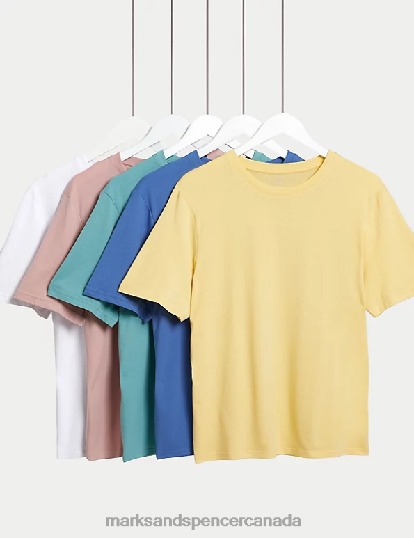 Marks and Spencer sale - Men Yellow Mix Clothing Marks & Spencer 5pk Pure Cotton Crew Neck T-Shirts 20VTD6174