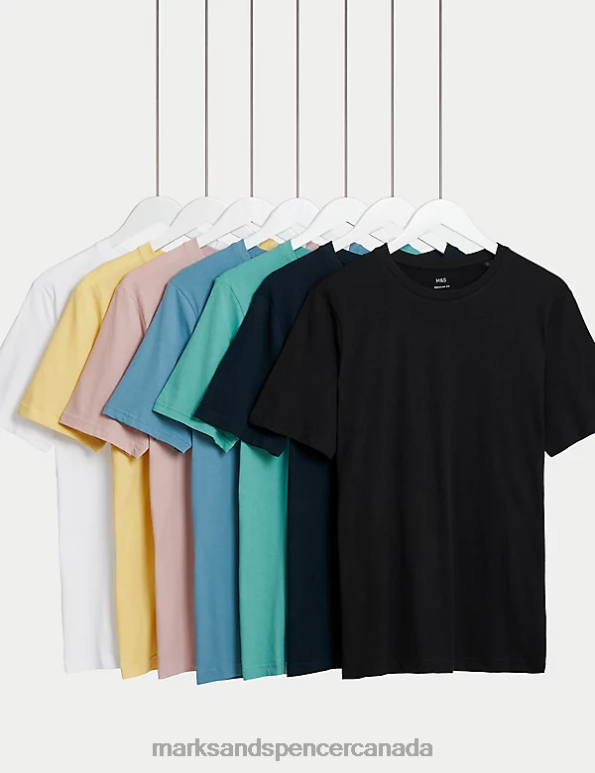 Men Yellow Mix Clothing Marks & Spencer 7pk Pure Cotton Crew Neck T-Shirts 20VTD6091 - Marks and Spencer Canada locations