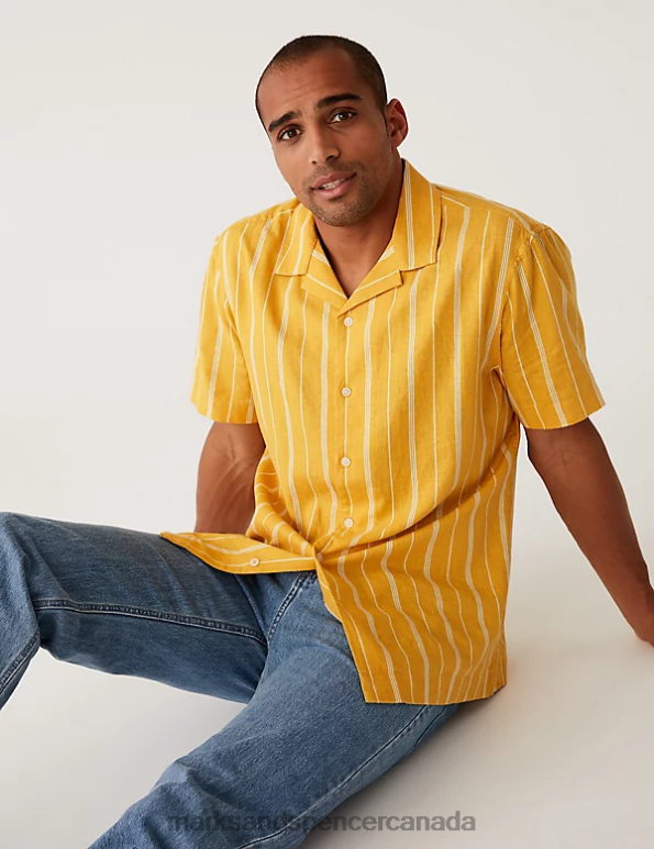 Men Yellow Mix Clothing Marks & Spencer Linen Blend Striped Cuban Collar Shirt 20VTD6875 - Marks and Spencer outlet