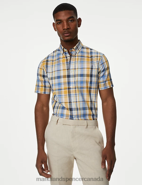 Men Yellow Mix Clothing Marks & Spencer Pure Cotton Check Shirt 20VTD6522 - Marks and Spencer outlet