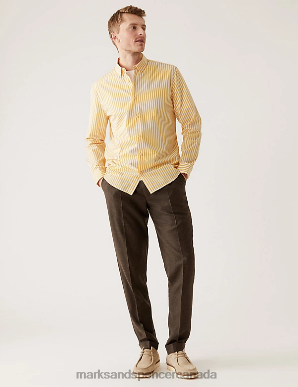 Men Yellow Mix Clothing Marks & Spencer Pure Cotton Striped Shirt 20VTD6741 - Marks and Spencer online