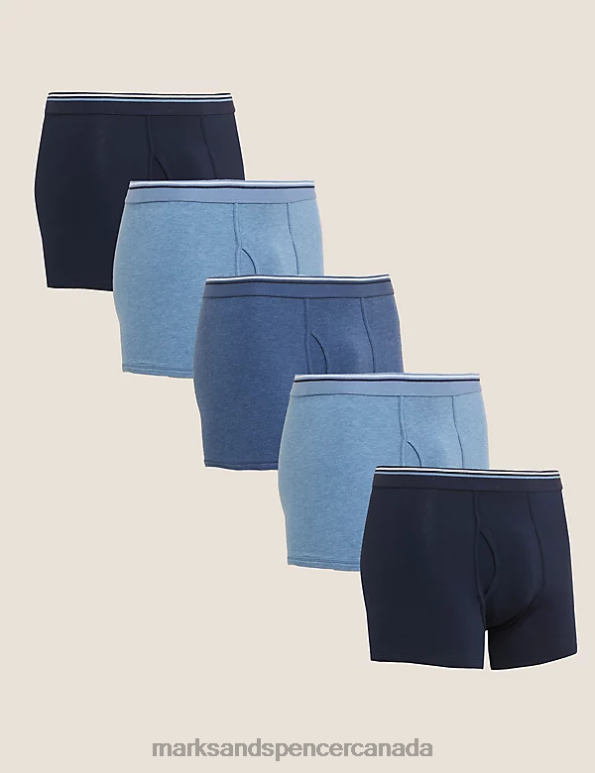 Men Blue Mix Clothing Marks & Spencer 5pk Cotton Stretch Cool & Fresh Trunks 20VTD6082 - Marks and Spencer outlet