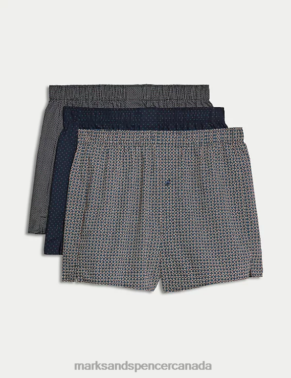 Marks and Spencer Canada - Men Dark Navy Clothing Marks & Spencer 3pk Pure Cotton Geometric Woven Boxers 20VTD4928