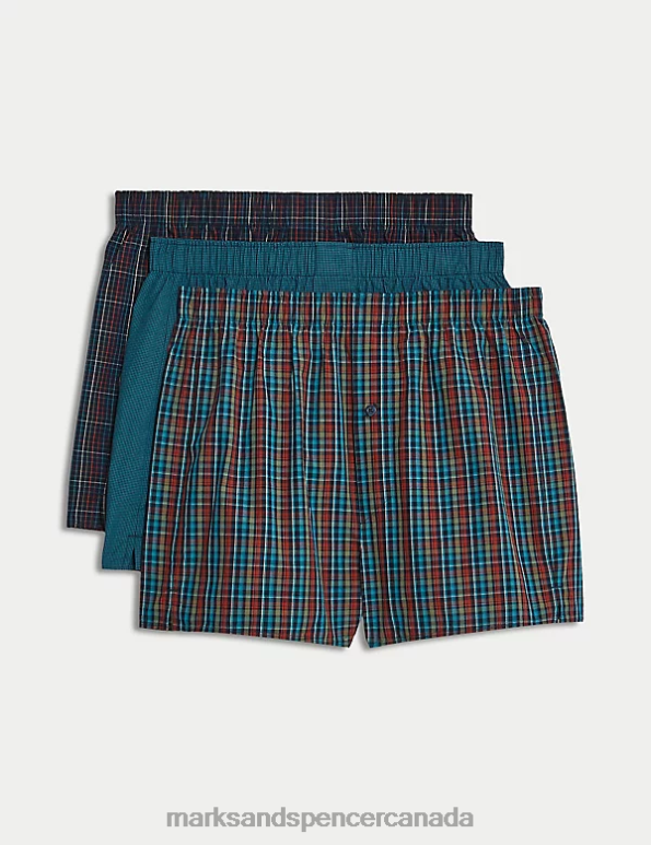 Marks and Spencer near me - Men Medium Turquoise Clothing Marks & Spencer 3pk Pure Cotton Checked Woven Boxers 20VTD4845