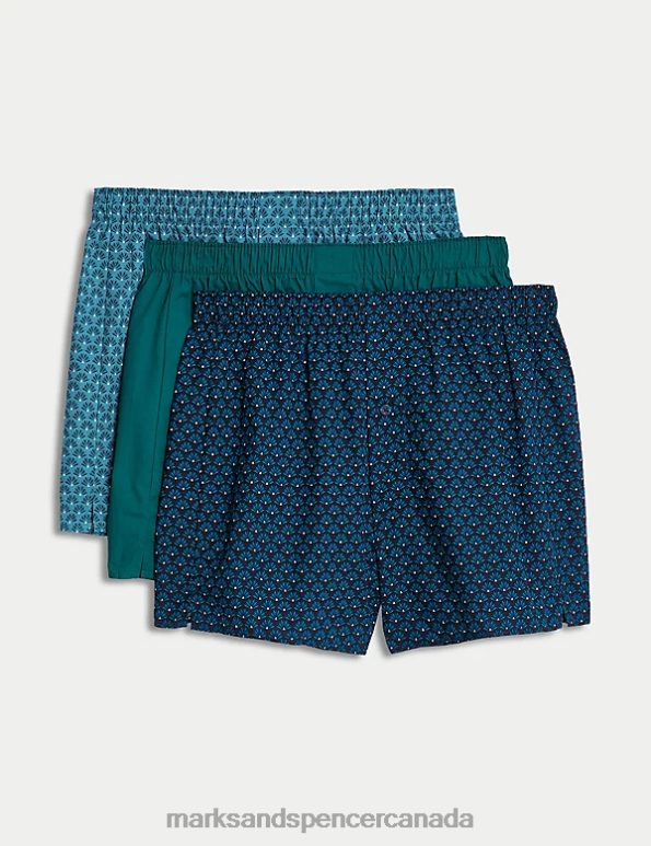 Men Medium Turquoise Clothing Marks & Spencer 3pk Pure Cotton Fan Print Woven Boxers 20VTD4832 - Marks and Spencer outlet